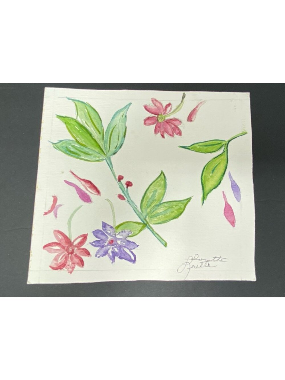 Watercolor Painting Pink And Purple Flowers With Green Signed by Artist 8x7”